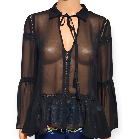 Market Black Sheer Blouse with Tie Detail - Picture 2 of 7